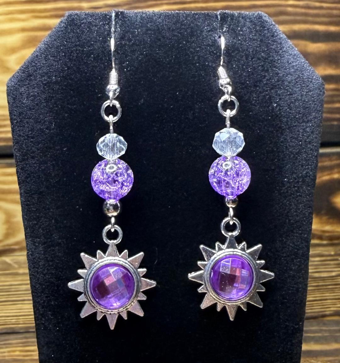 NEW Purple Center Sunburst Earrings w/ Crackle Glass Beads