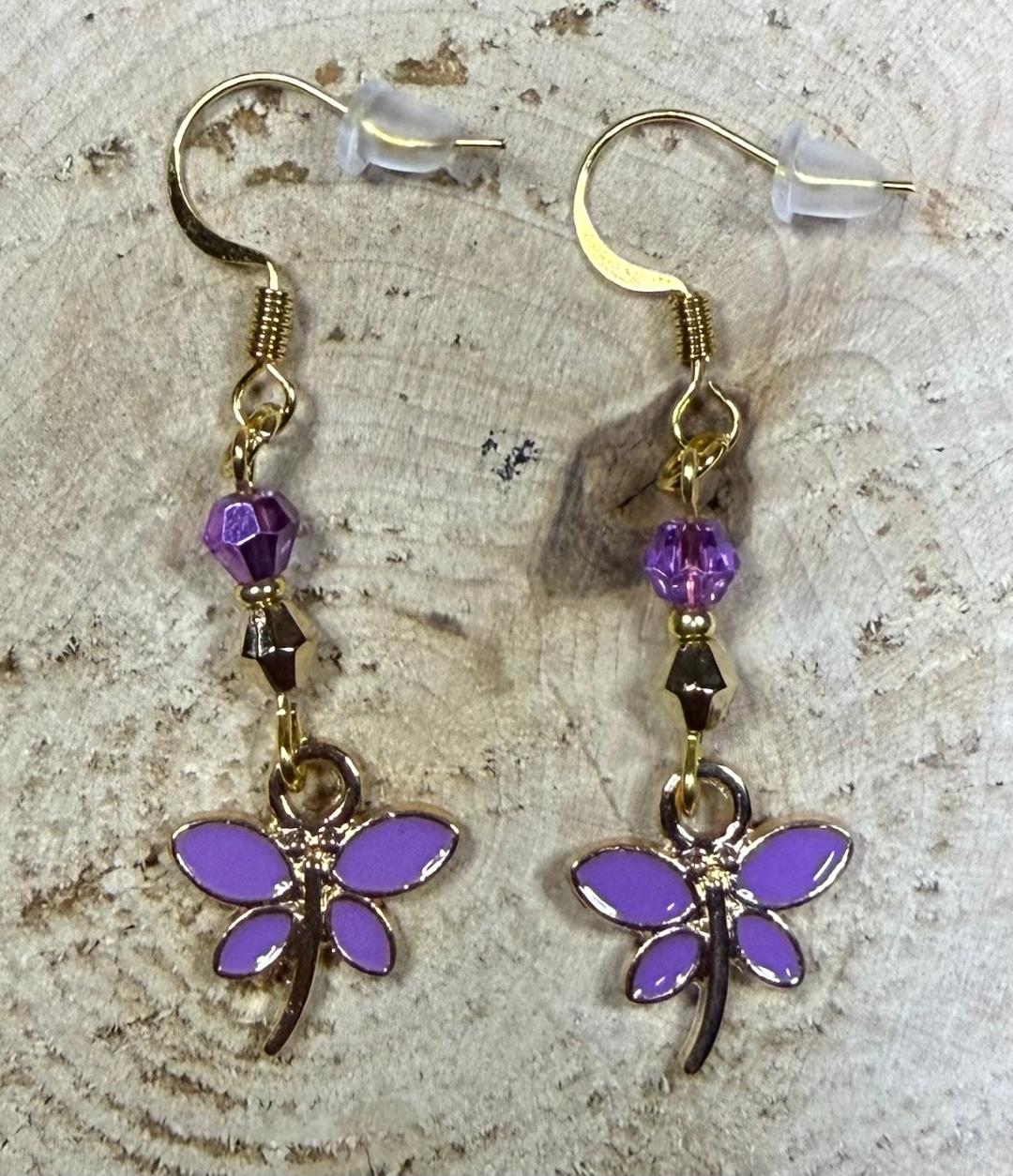 NEW Purple Enamel Dragonfly Earrings w/ Faceted Beads