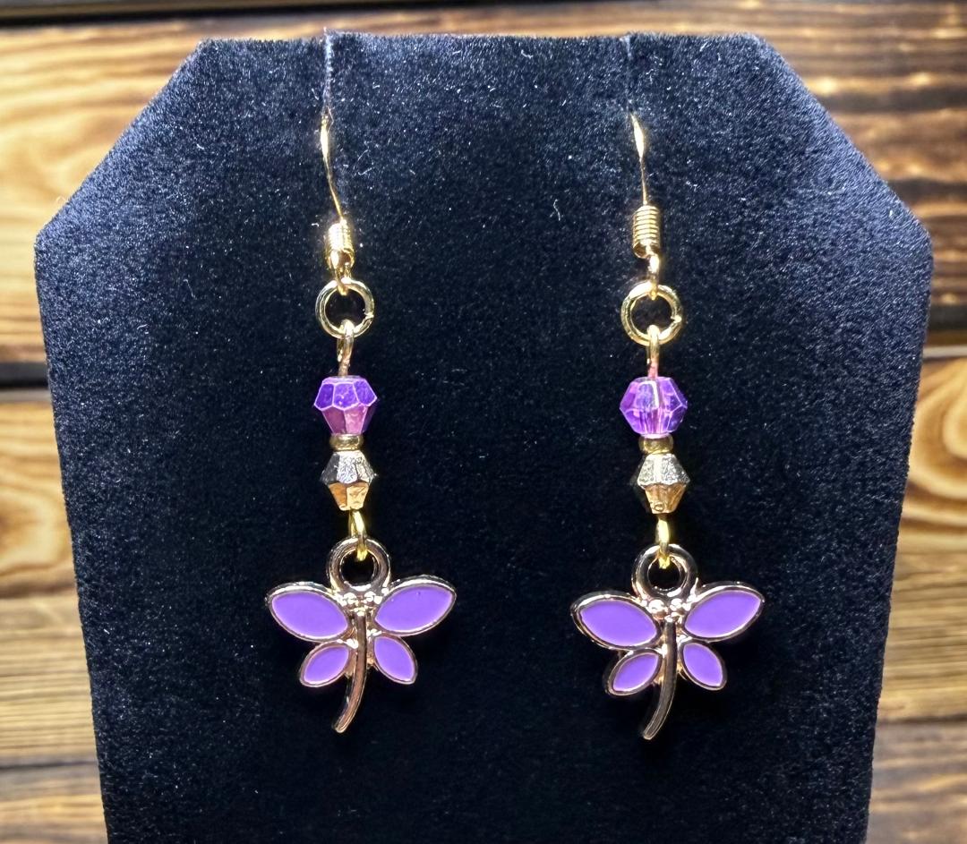 NEW Purple Enamel Dragonfly Earrings w/ Faceted Beads