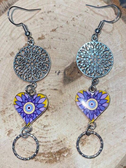 NEW Purple Boho Enamel Heart w/ Silver Mandala Earrings