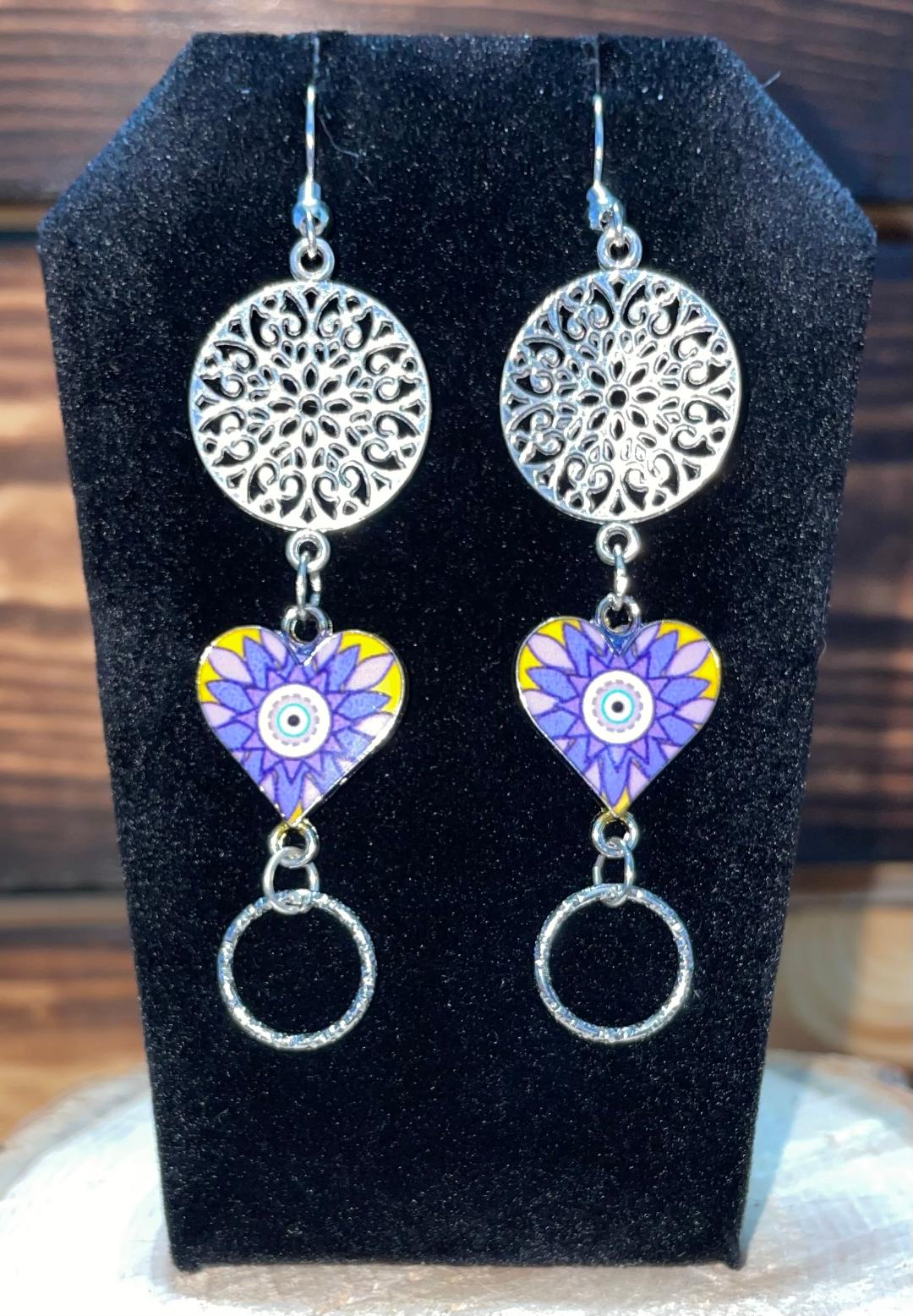 NEW Purple Boho Enamel Heart w/ Silver Mandala Earrings