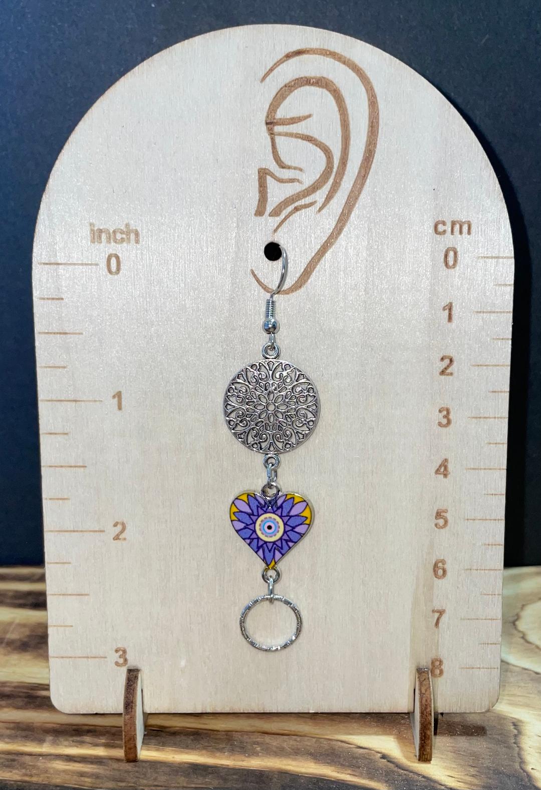 NEW Purple Boho Enamel Heart w/ Silver Mandala Earrings