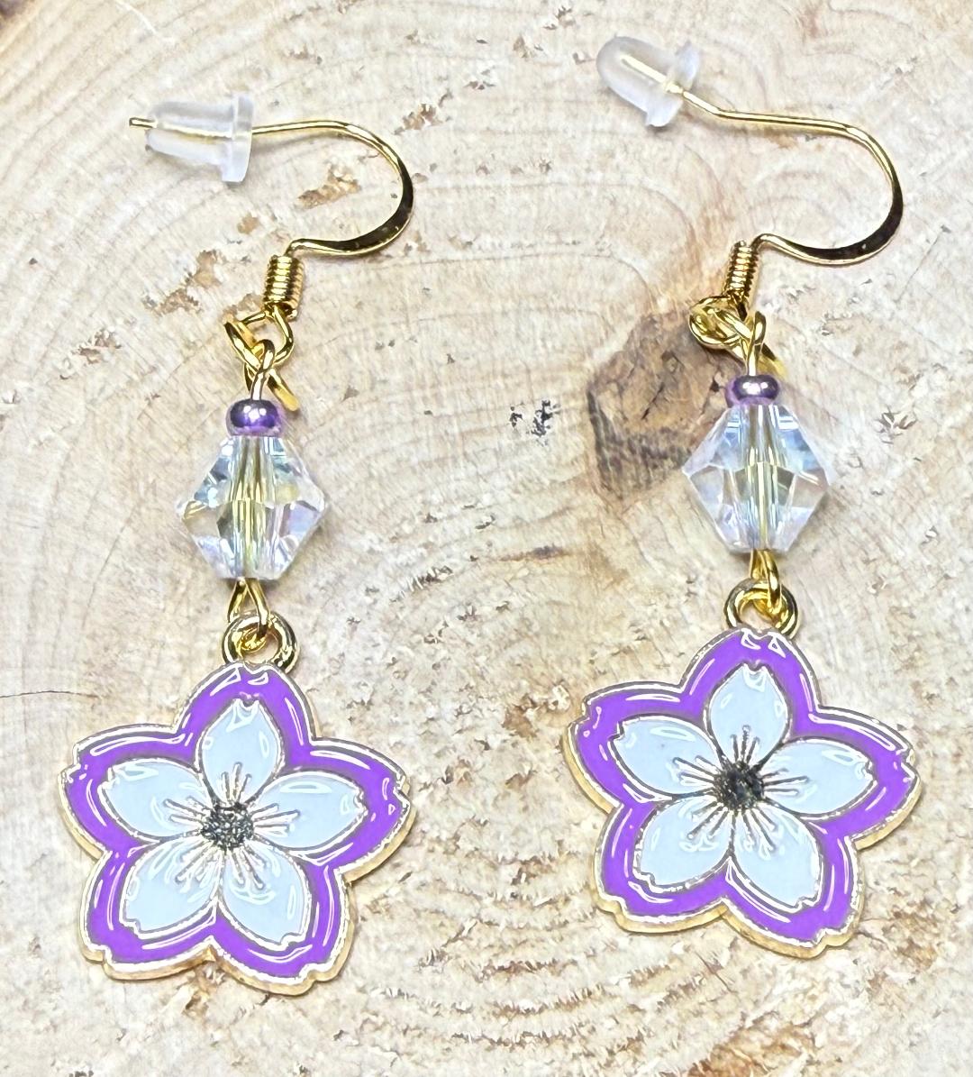 NEW Purple Magnolia Flower Charm Earrings w/ Glass Beads