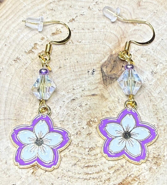 NEW Purple Magnolia Flower Charm Earrings w/ Glass Beads