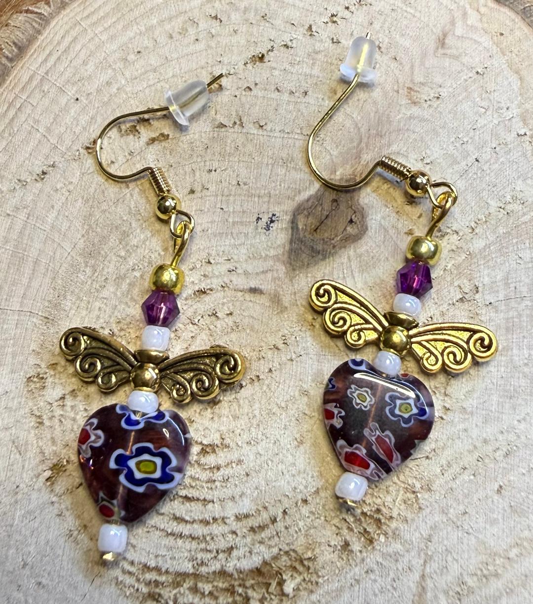 NEW Glass Heart Earrings w/ Filigree Wing Charms
