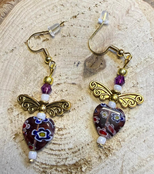 NEW Glass Heart Earrings w/ Filigree Wing Charms