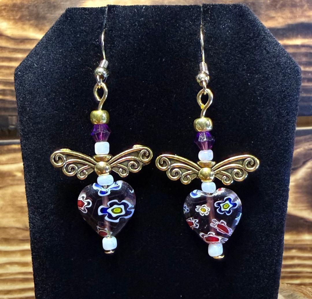 NEW Glass Heart Earrings w/ Filigree Wing Charms