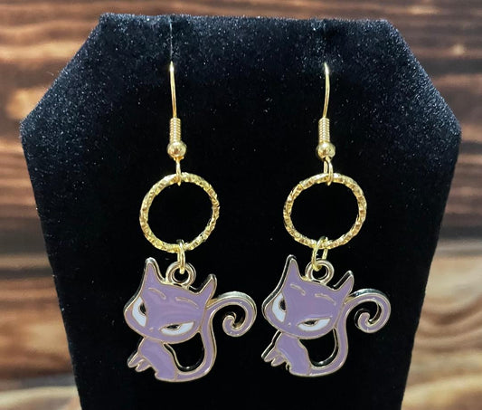 NEW Atomic Cat / Kitten Purple Gold Alloy Earrings