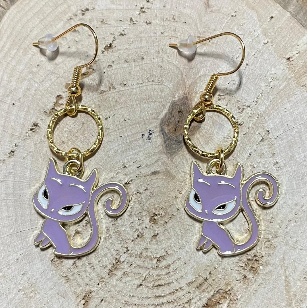 NEW Atomic Cat / Kitten Purple Gold Alloy Earrings
