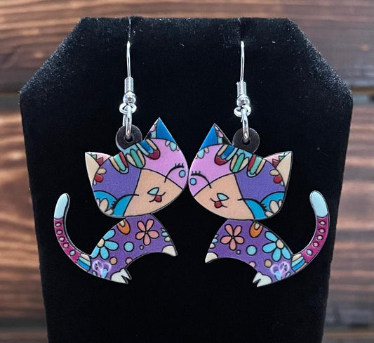 NEW Purple Multicolor Acrylic Mexican Style Kitten Cat Earrings