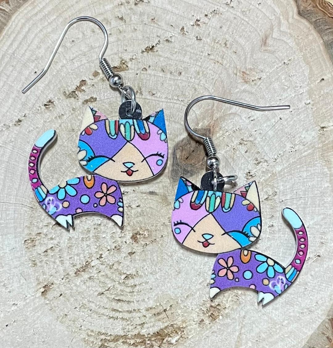 NEW Purple Multicolor Acrylic Mexican Style Kitten Cat Earrings