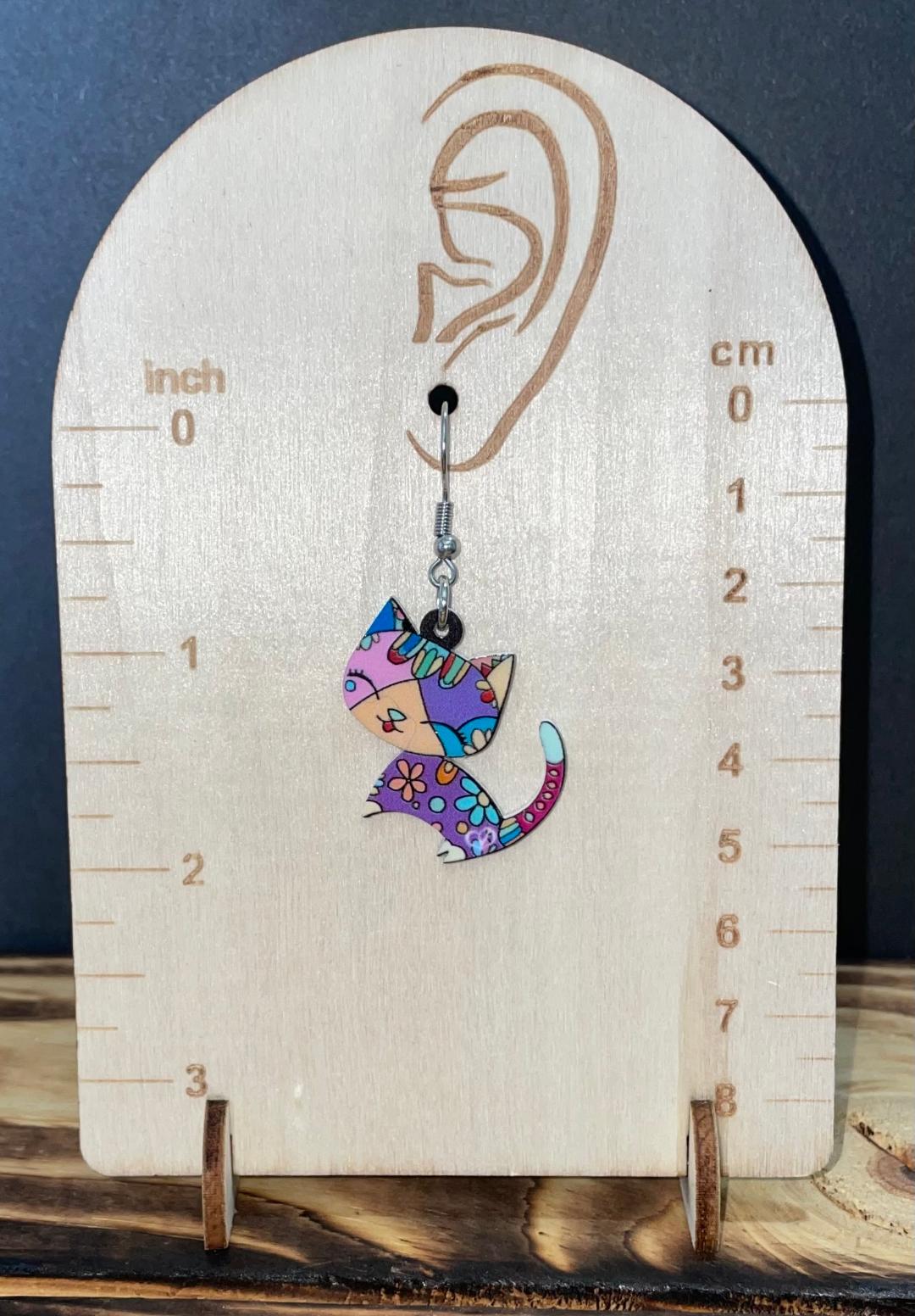 NEW Purple Multicolor Acrylic Mexican Style Kitten Cat Earrings