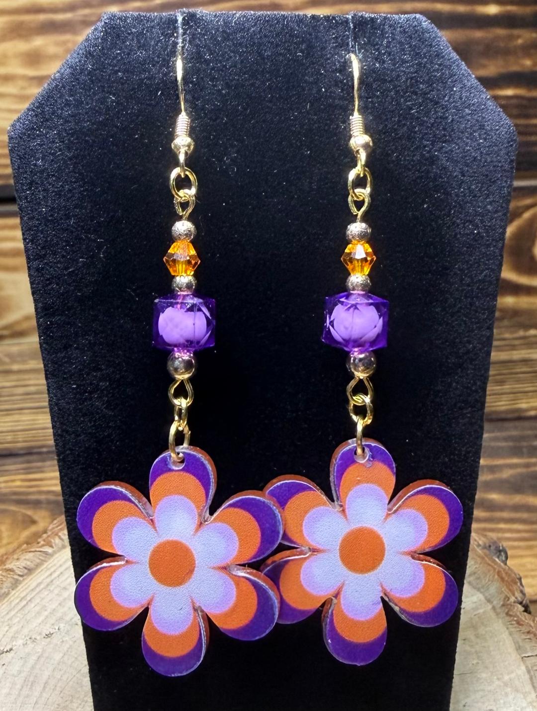 NEW Purple & Orange Hippie Flower Acrylic Earrings w/ Beads