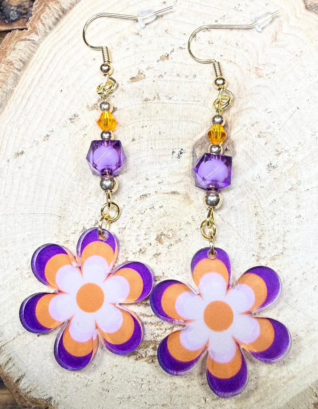 NEW Purple & Orange Hippie Flower Acrylic Earrings w/ Beads