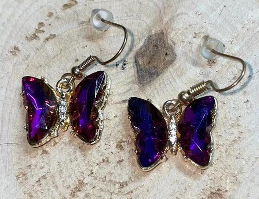 NEW Vibrant Iridescent Purple Rhinestone Butterfly & Gold Tone Earrings