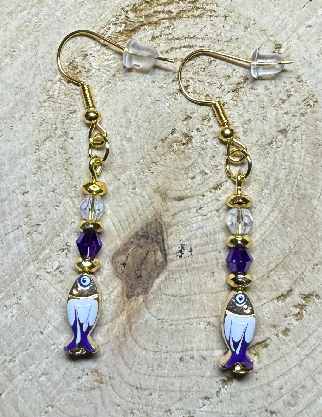 NEW Cutest Enamel Purple & White Fish Charm Earrings w/ Glass Beads