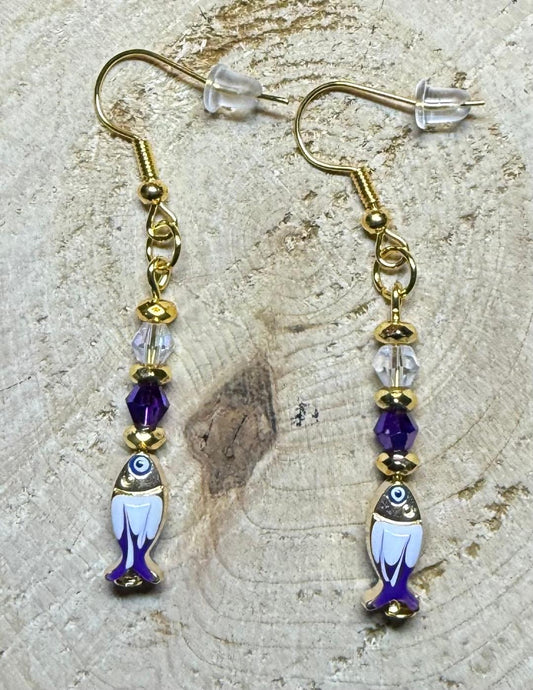 NEW Cutest Enamel Purple & White Fish Charm Earrings w/ Glass Beads