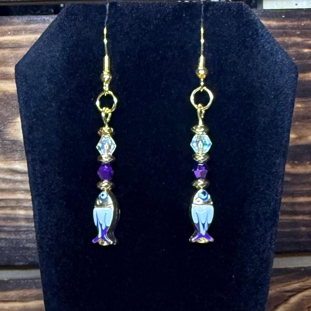 NEW Cutest Enamel Purple & White Fish Charm Earrings w/ Glass Beads