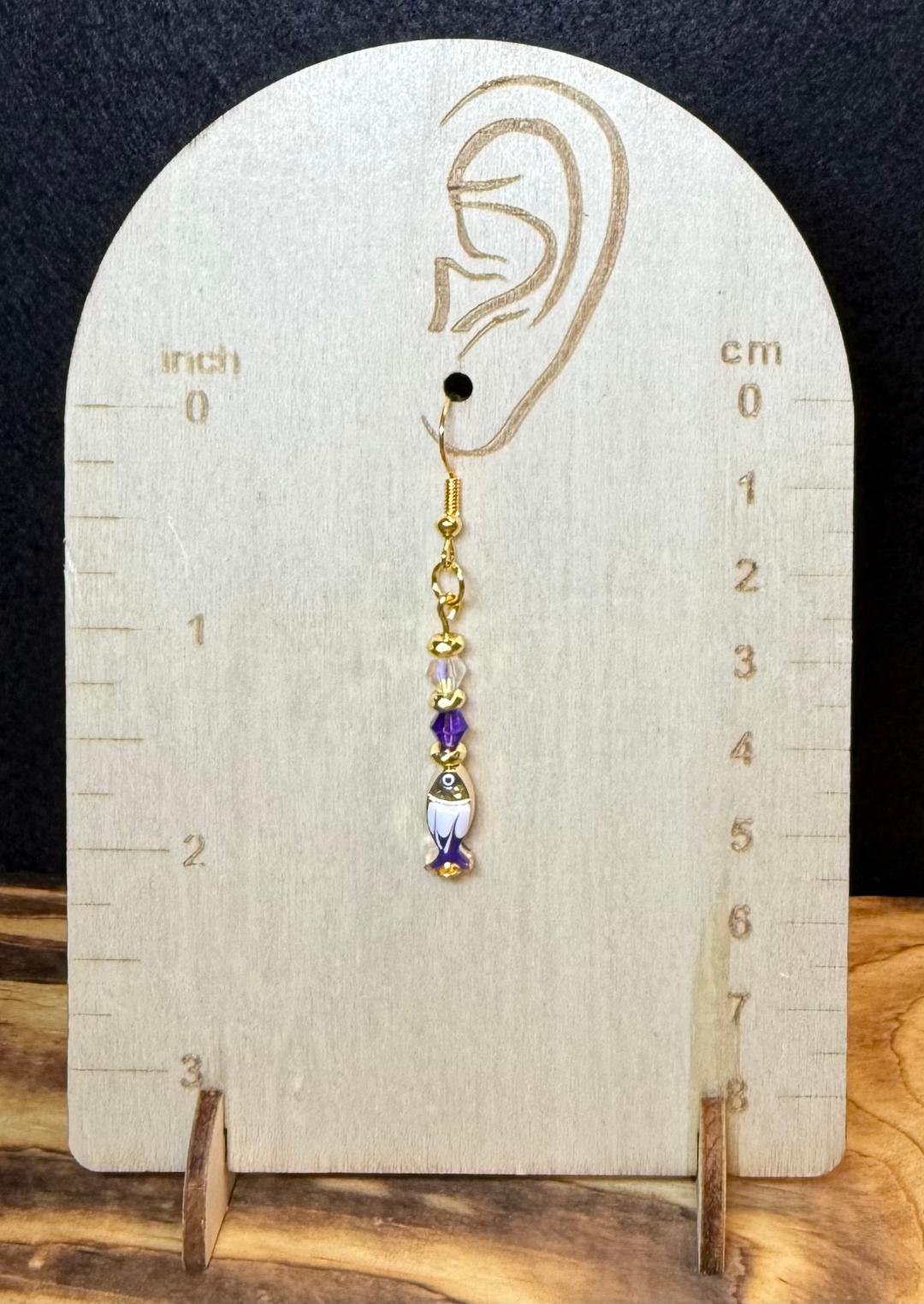 NEW Cutest Enamel Purple & White Fish Charm Earrings w/ Glass Beads