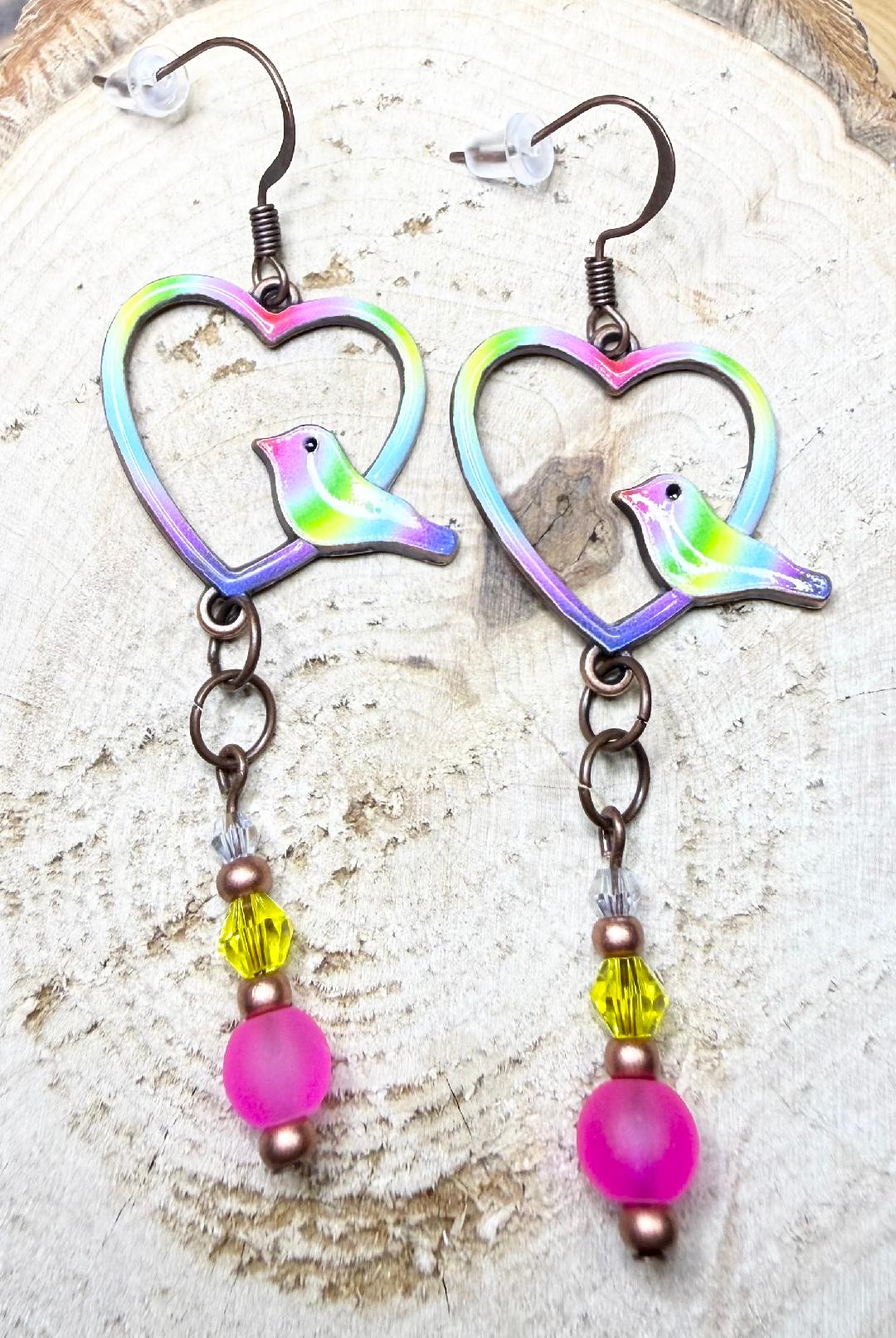 NEW Rainbow Bird in Heart Shaped Charm Earrings w/ Glass Beads