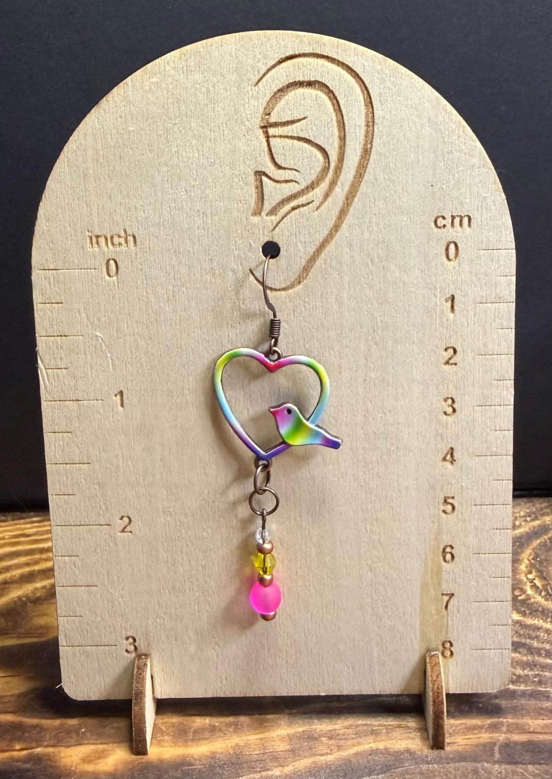 NEW Rainbow Bird in Heart Shaped Charm Earrings w/ Glass Beads