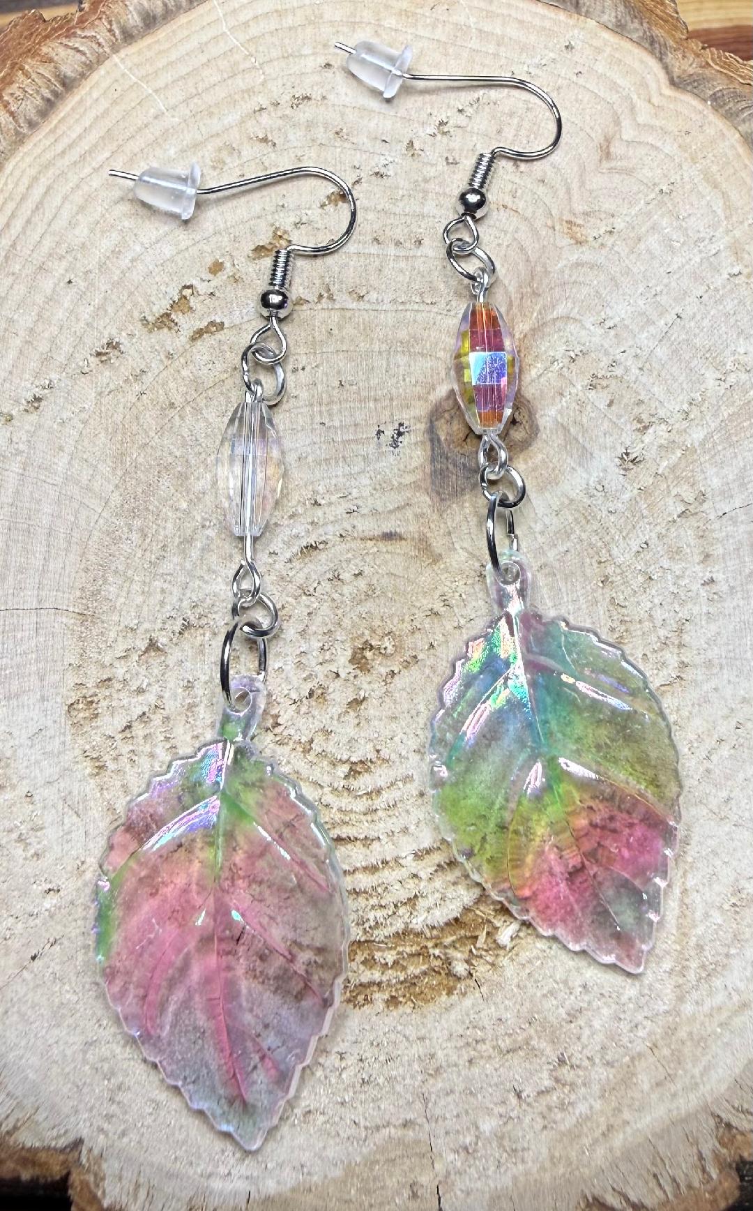 NEW Clear Acrylic Rainbow Shine Leaf Earrings w/ Oval Glass Beads