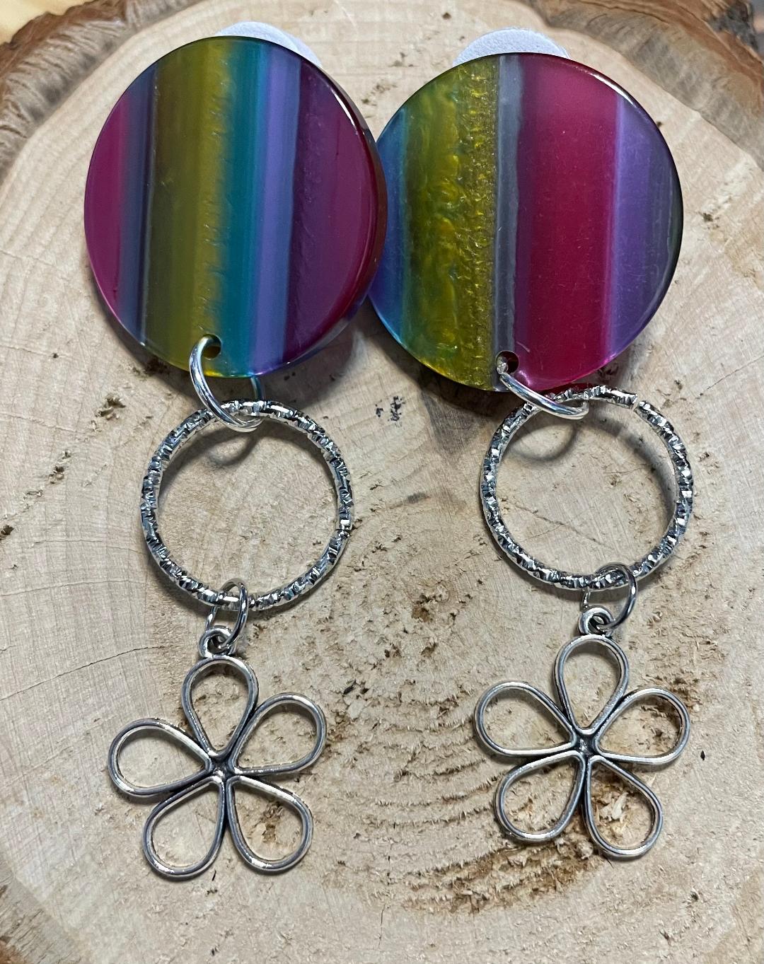 NEW Rainbow Boho Hippie Hollow Circle Flower Post Earrings