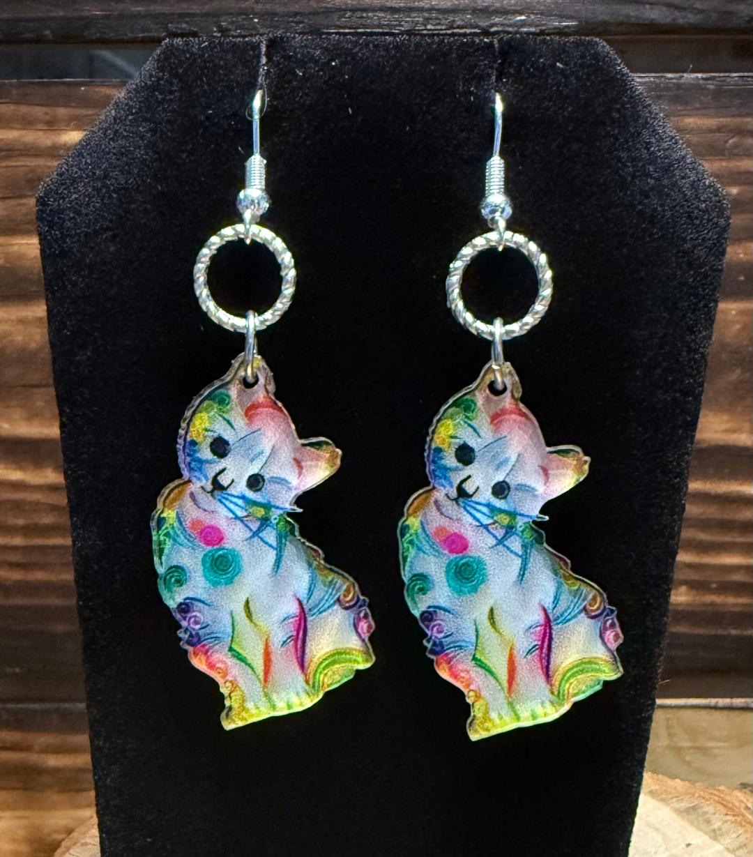 NEW Acrylic Curious Kitten in Rainbow Colored Earrings