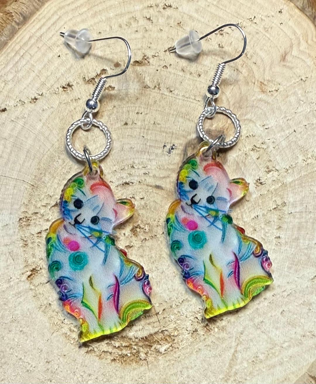 NEW Acrylic Curious Kitten in Rainbow Colored Earrings