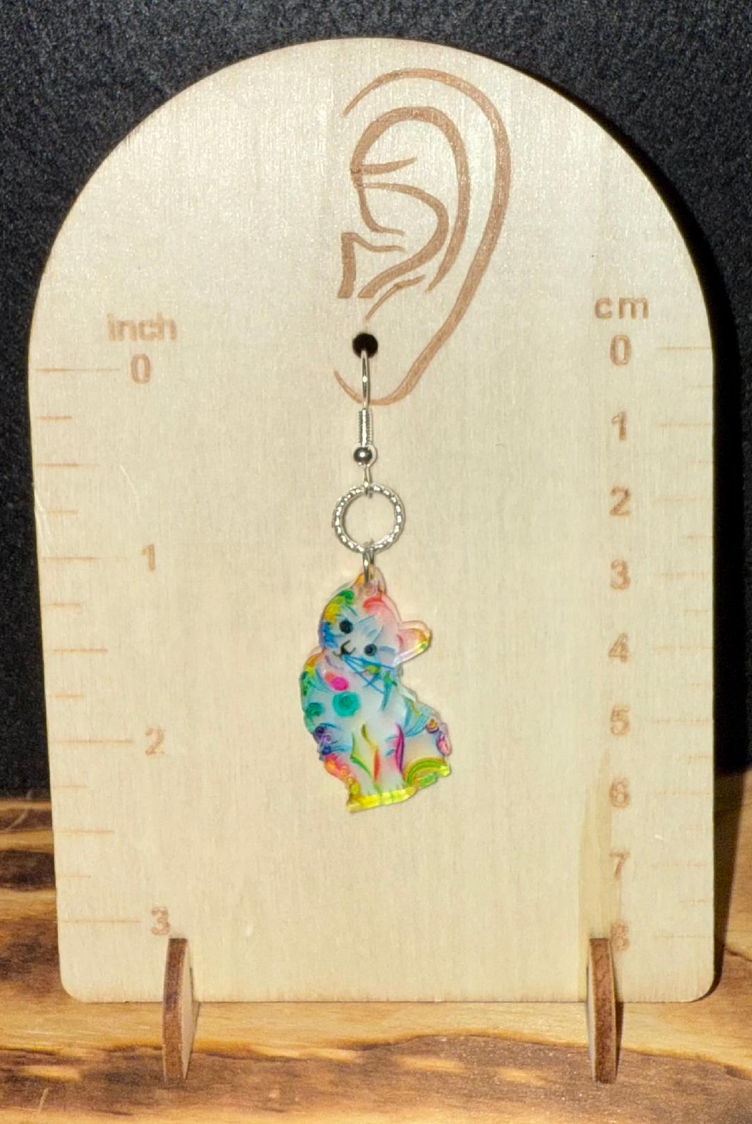 NEW Acrylic Curious Kitten in Rainbow Colored Earrings