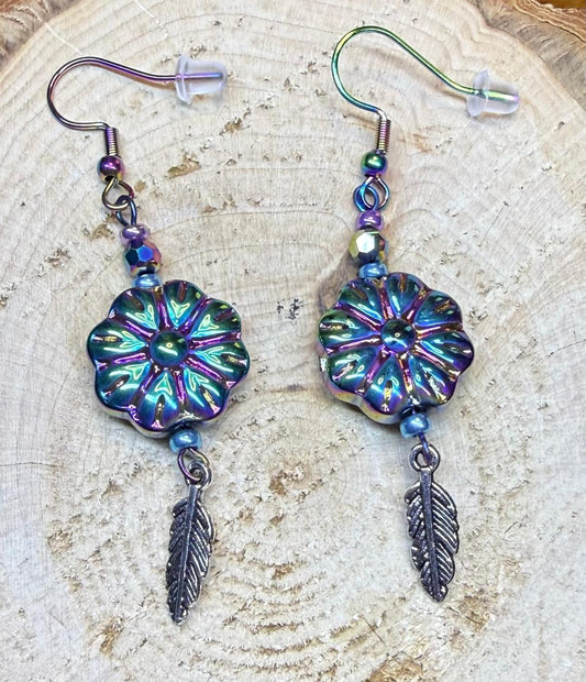 NEW Iridescent Rainbow Flower Earrings w/ Tiny Feather Charm