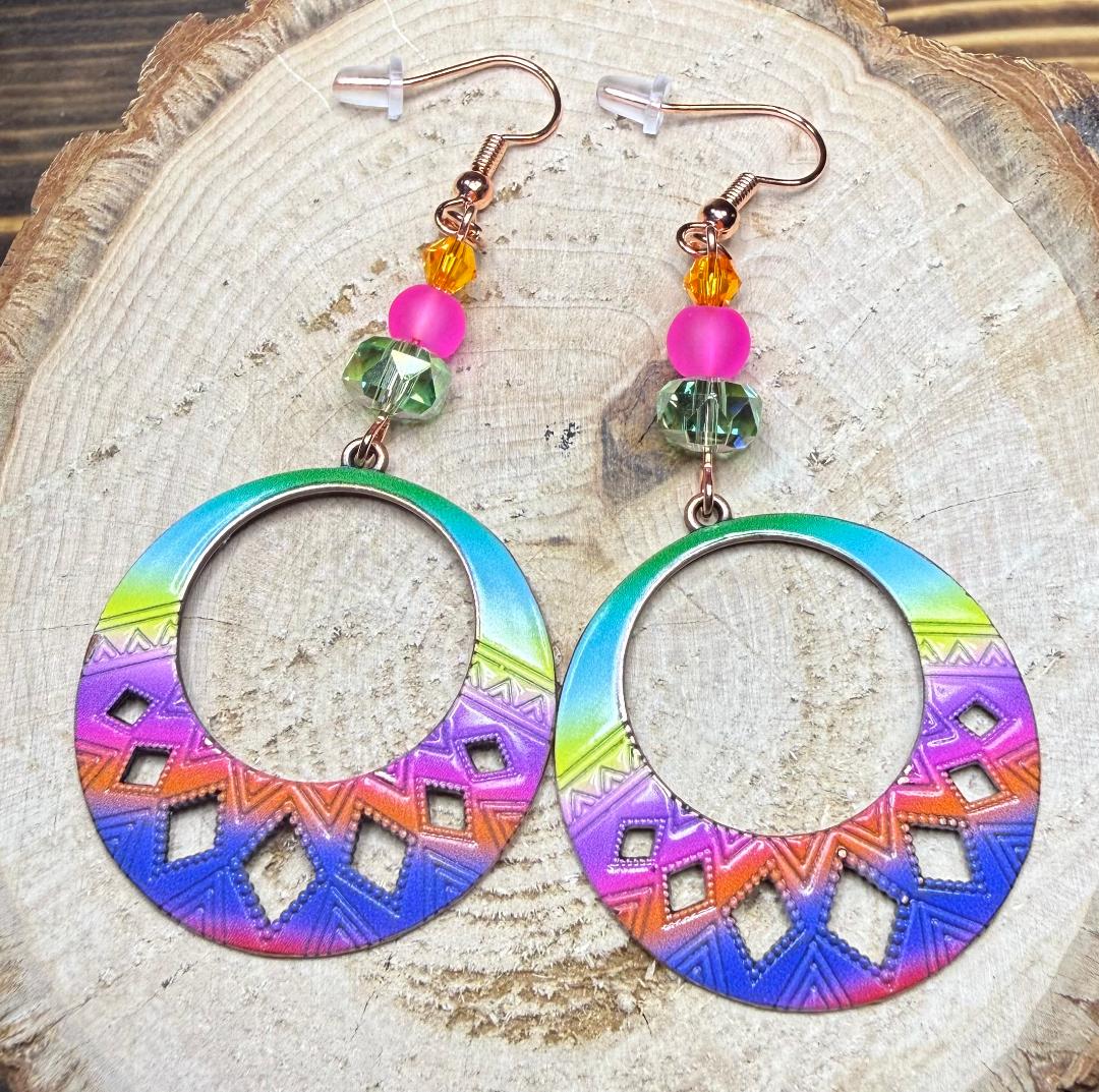 NEW Vibrant Rainbow Hoop Earrings w/ Glass Beads