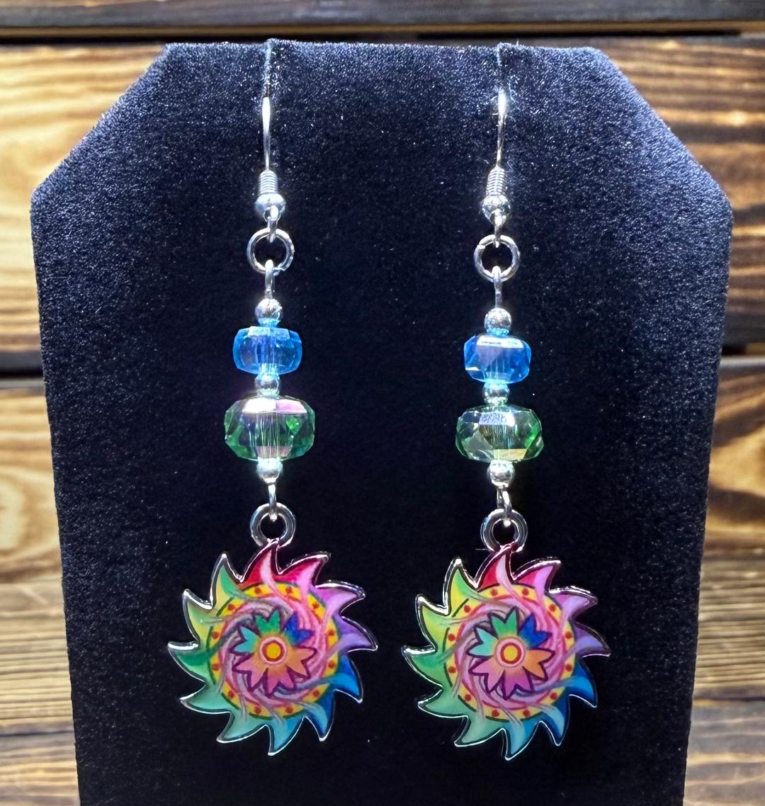 NEW Vibrant Rainbow Sunburst Earrings w/ Glass Beads