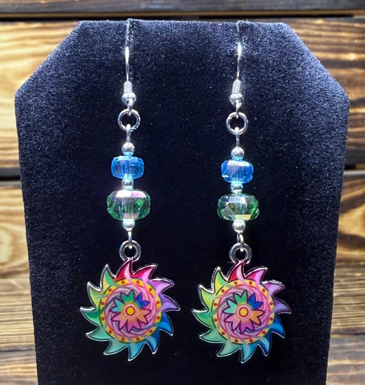 NEW Vibrant Rainbow Sunburst Earrings w/ Glass Beads