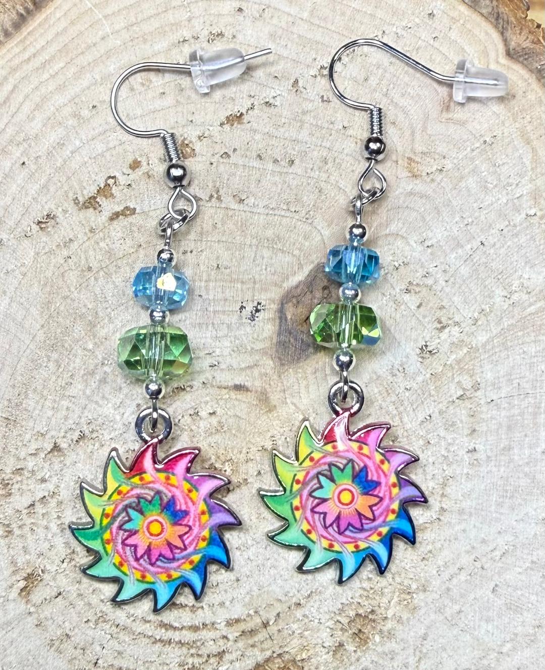 NEW Vibrant Rainbow Sunburst Earrings w/ Glass Beads