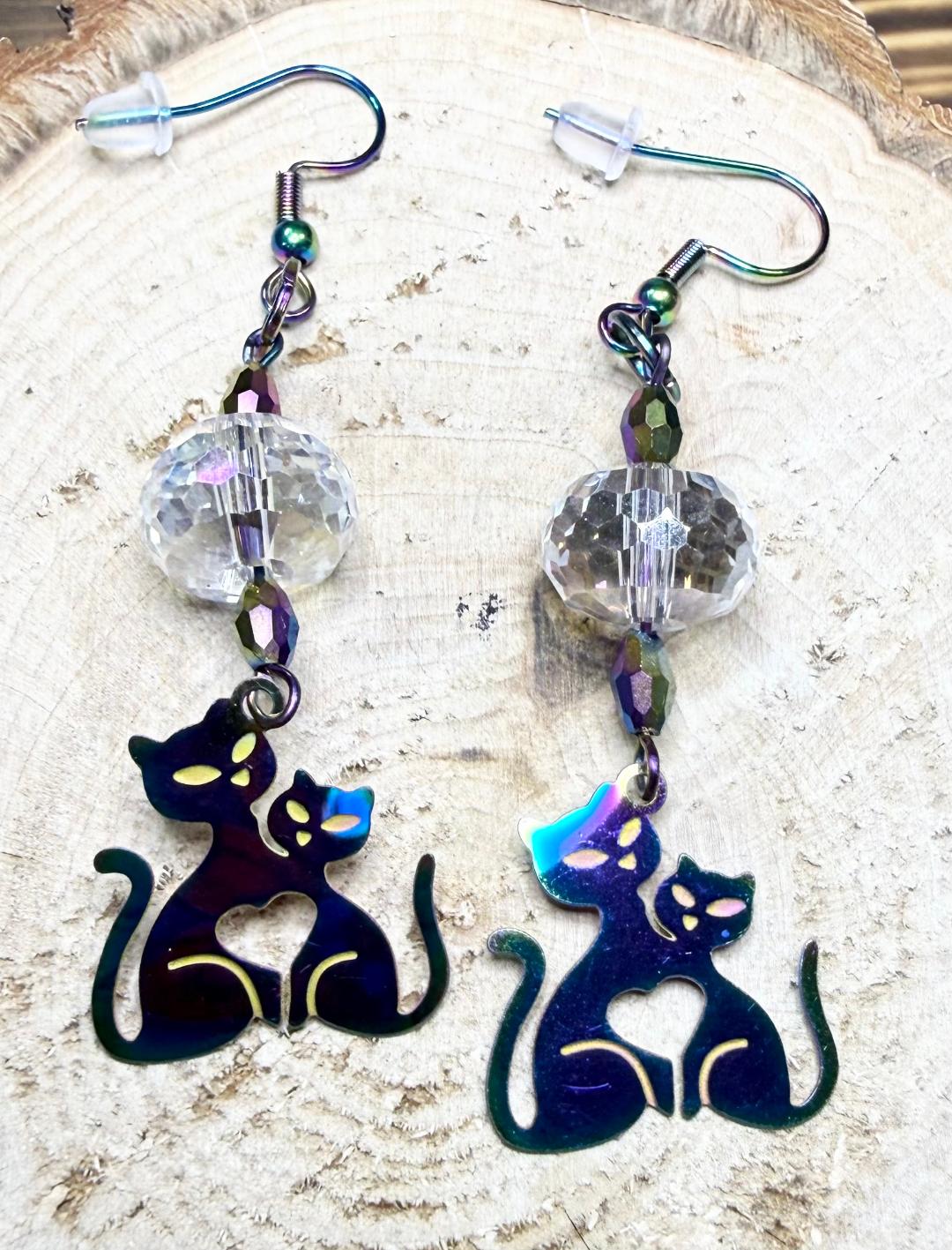 NEW Rainbow Cat Thin Stainless Steel Charm Earrings w/ Clear Glass Faceted Beads