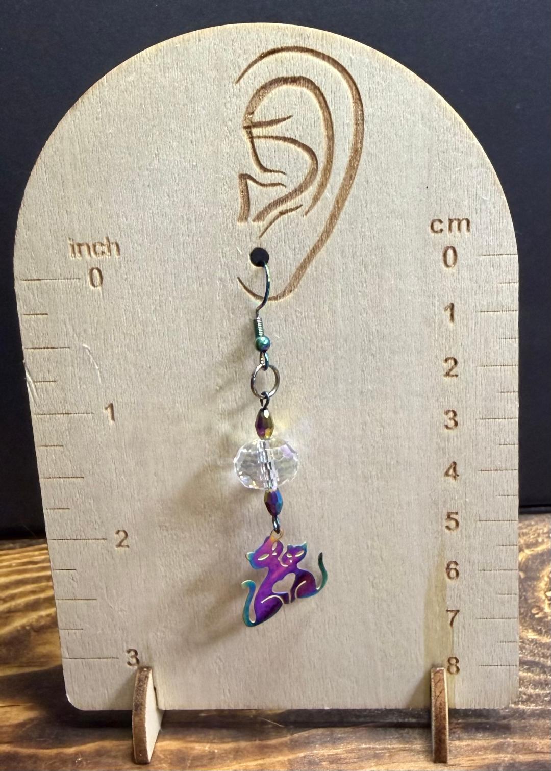 NEW Rainbow Cat Thin Stainless Steel Charm Earrings w/ Clear Glass Faceted Beads