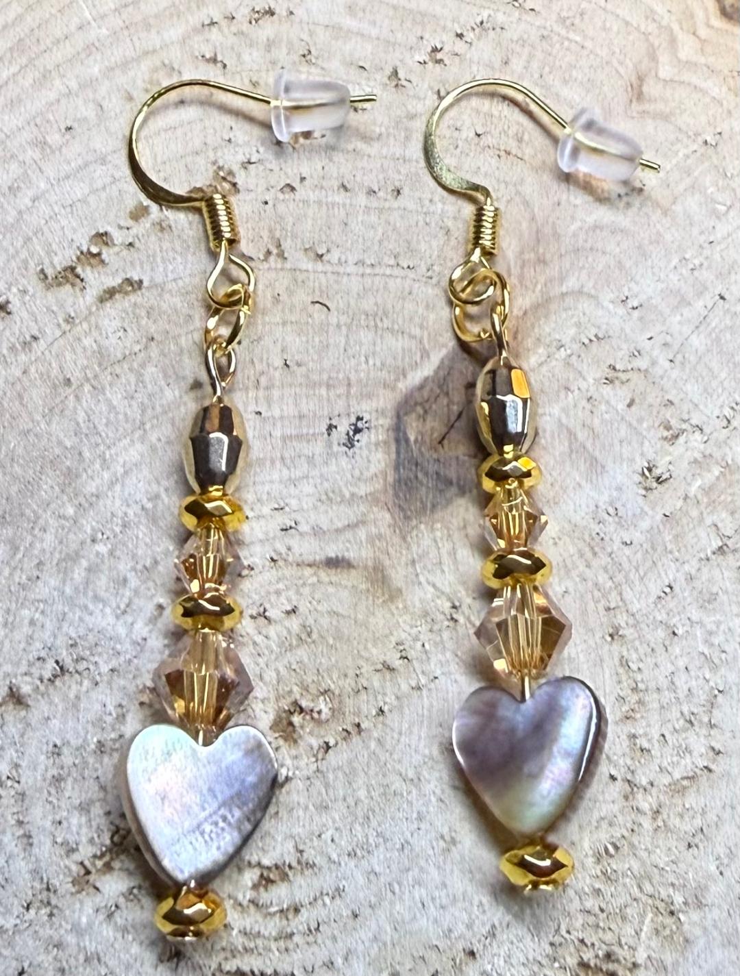 NEW Real Pearlized Shell Heart Earrings w/ Faceted Beads
