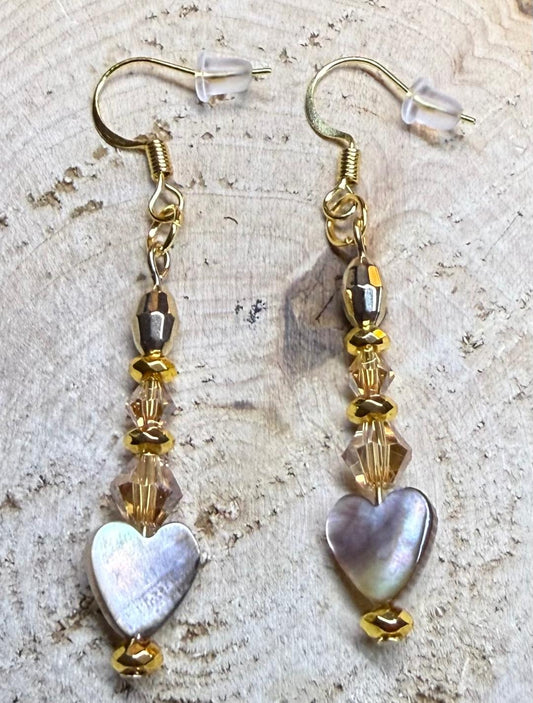 NEW Real Pearlized Shell Heart Earrings w/ Faceted Beads