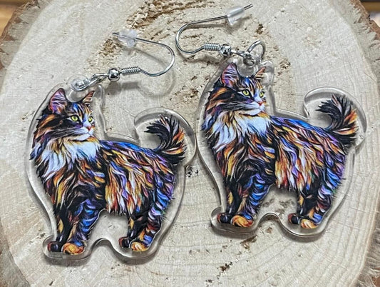 NEW Pretty Calico Multicolor Acrylic Cat Stained Glass Style Earrings
