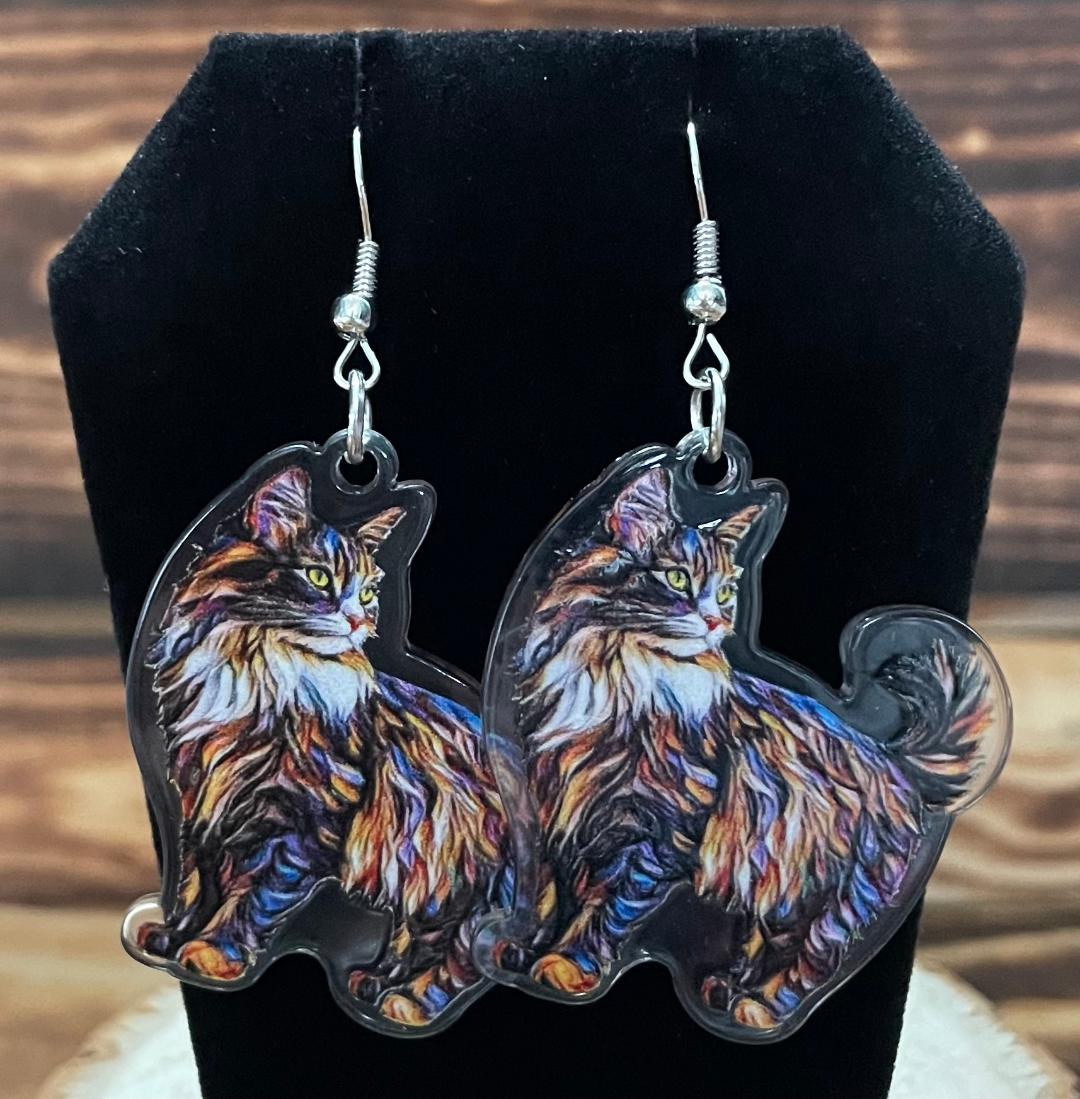 NEW Pretty Calico Multicolor Acrylic Cat Stained Glass Style Earrings