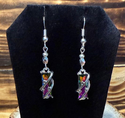 NEW Rectangle Iridescent Rhinestone Earrings w/ Alloy Wrap