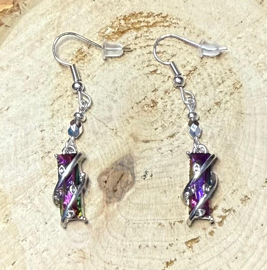 NEW Rectangle Iridescent Rhinestone Earrings w/ Alloy Wrap