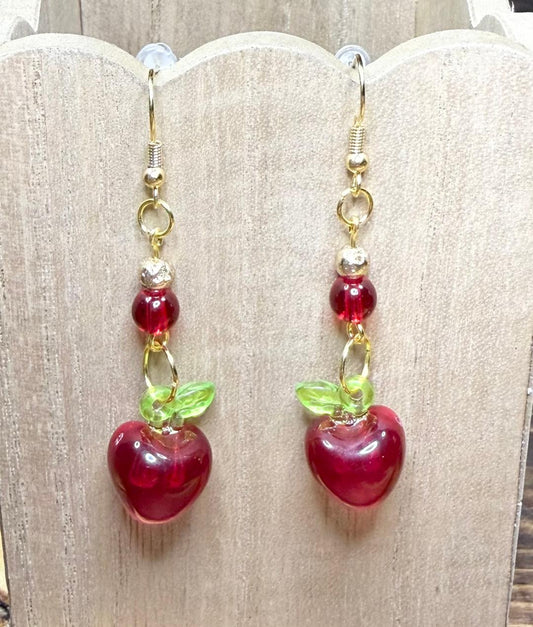 NEW Vibrant Red Apple Acrylic Charm Earrings w/ Plated Lava Stones