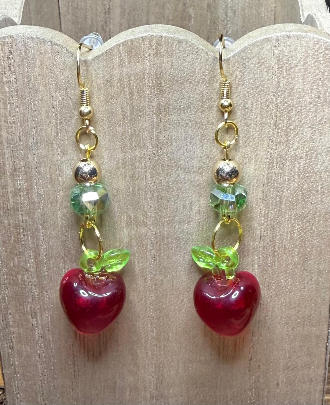 NEW Vivid Red Apple Acrylic Earrrings w/ Light Green Glass Beads