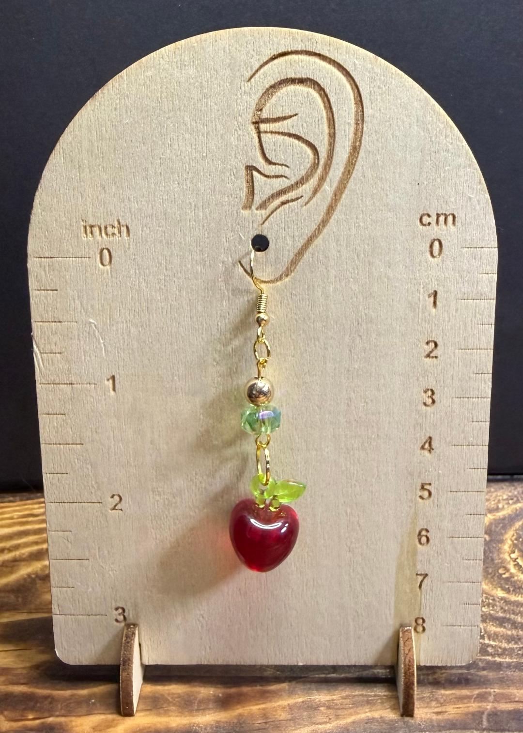 NEW Vivid Red Apple Acrylic Earrrings w/ Light Green Glass Beads