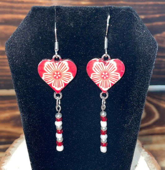 NEW Red Floral Boho Enamel Heart & Beads Drop Dangle Earrings