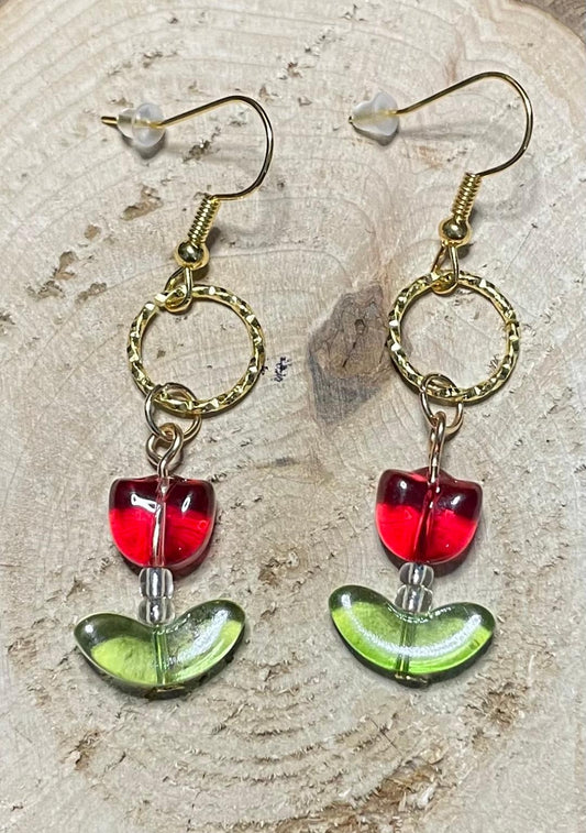NEW Red Glass Tulip Charm Earrings w/ Embossed Gold Jump Ring