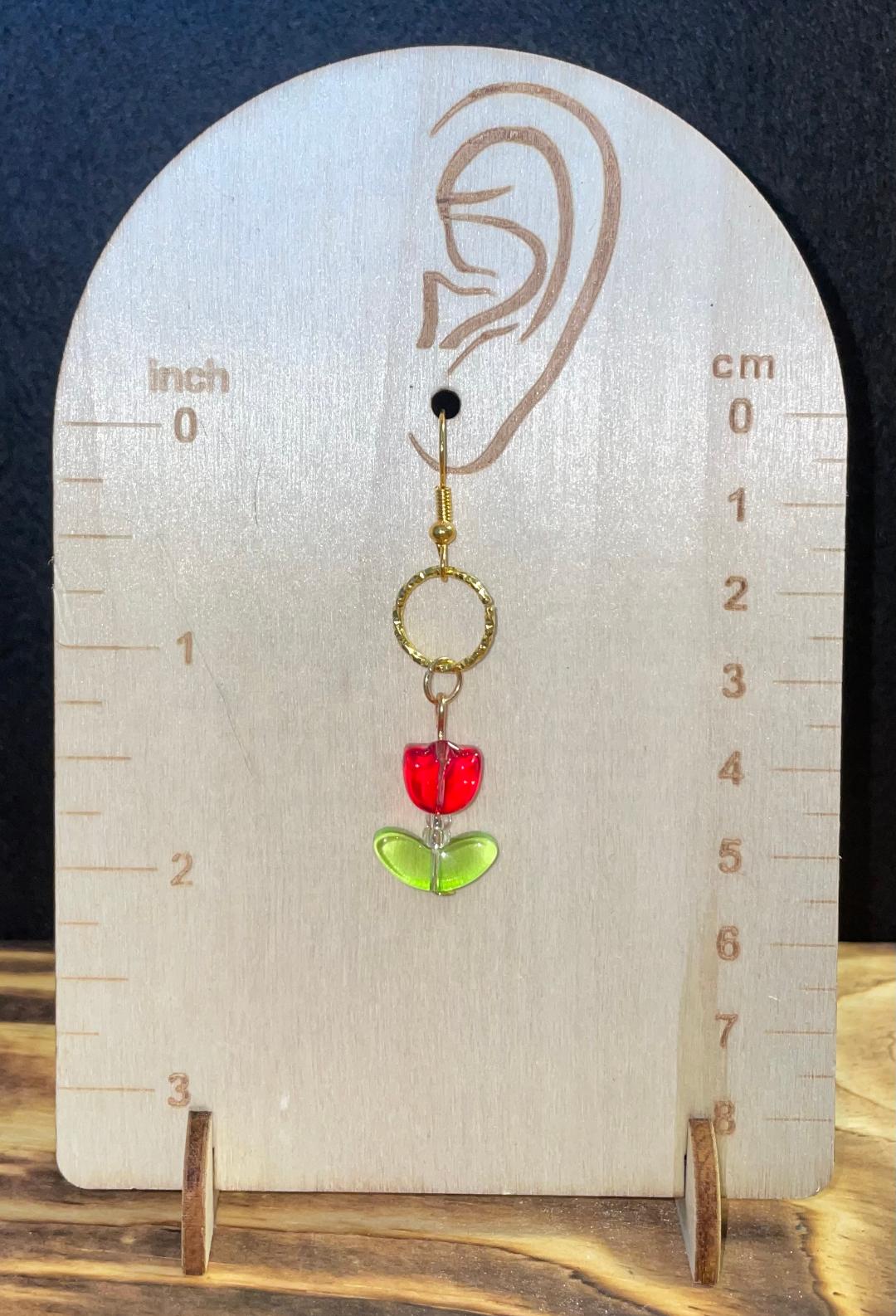 NEW Red Glass Tulip Charm Earrings w/ Embossed Gold Jump Ring