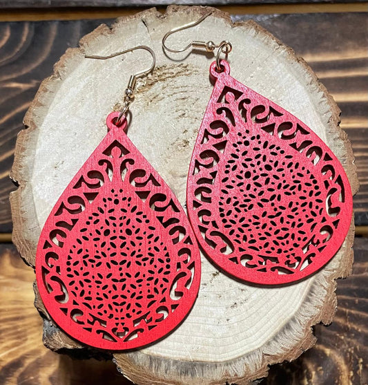 NEW Carved Wooden Hollow Red Teardrop Earrings